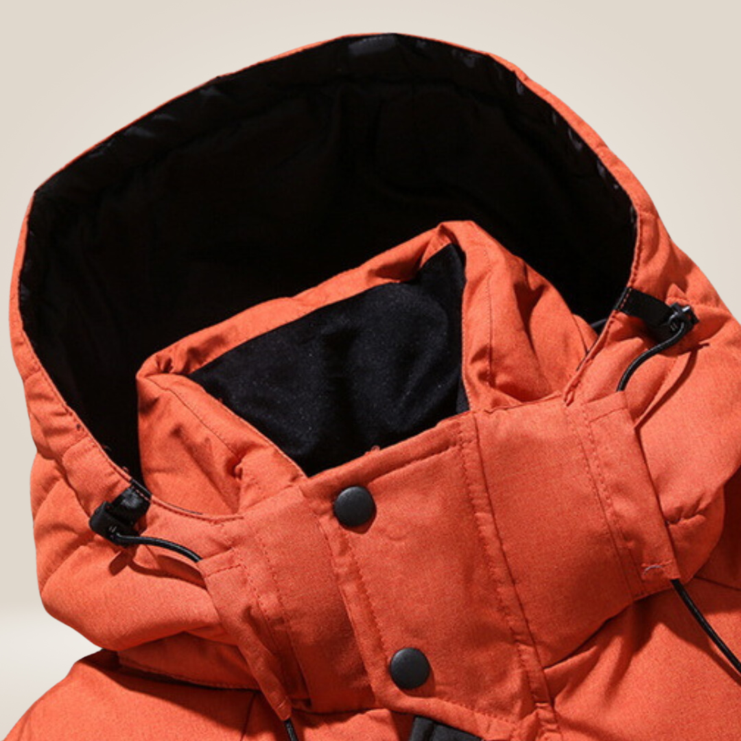 Collection of men's warm winter jackets in various colors, insulated and ready for cold