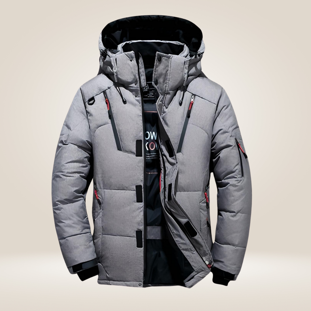 Men's fashion winter jacket, brown, with zipper and pockets, warm for cold weather