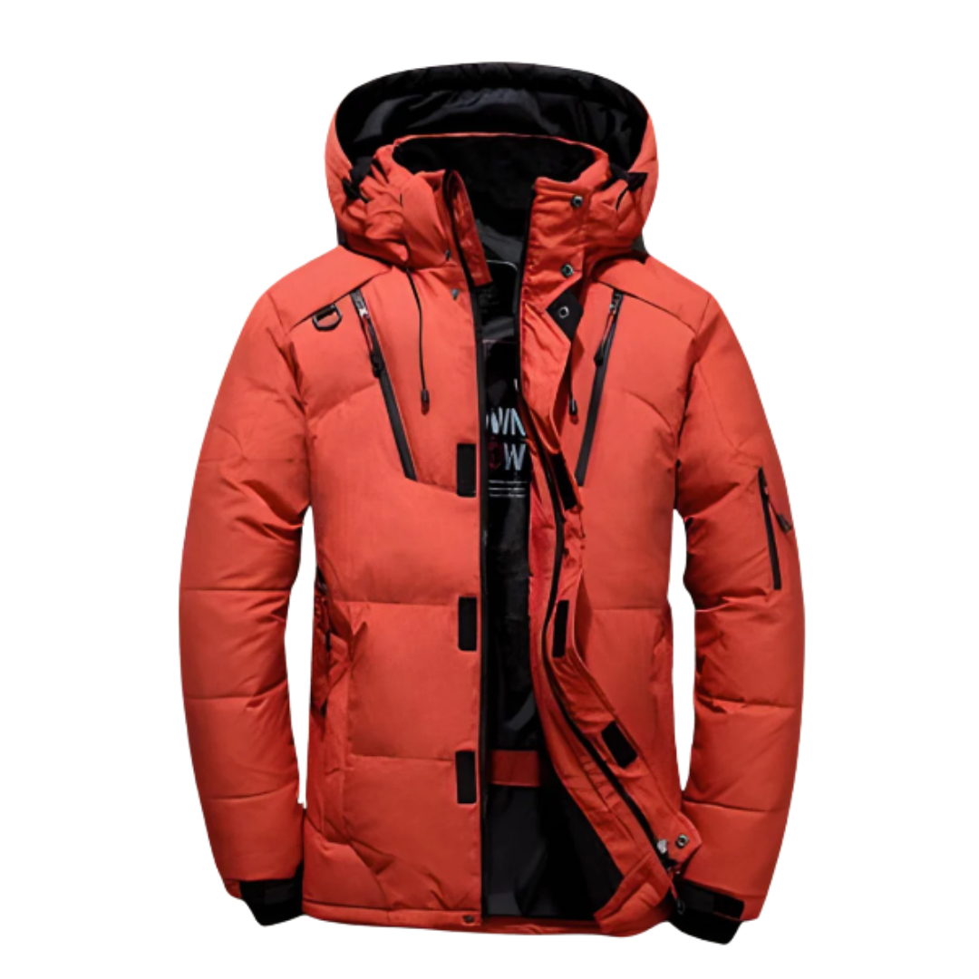 Men's warm insulated winter puffer jacket, black, for cold weather outerwear