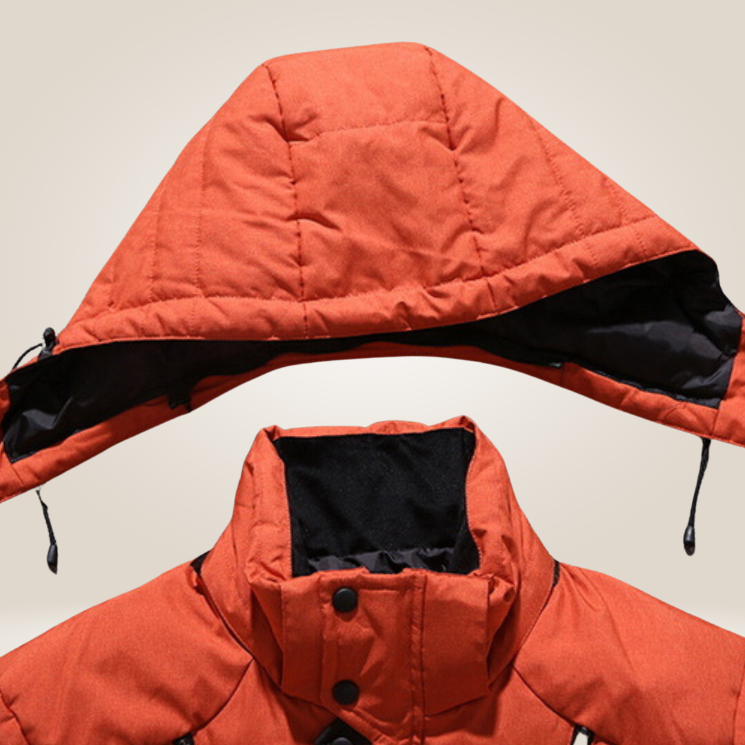 Detail of zipper and pockets on a men's warm insulated winter jacket