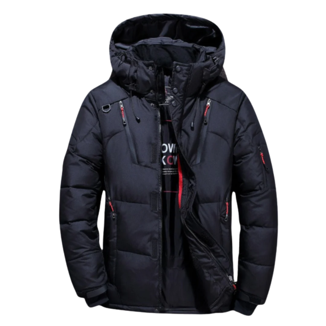 Casual men's black insulated winter jacket, windproof & water repellent design