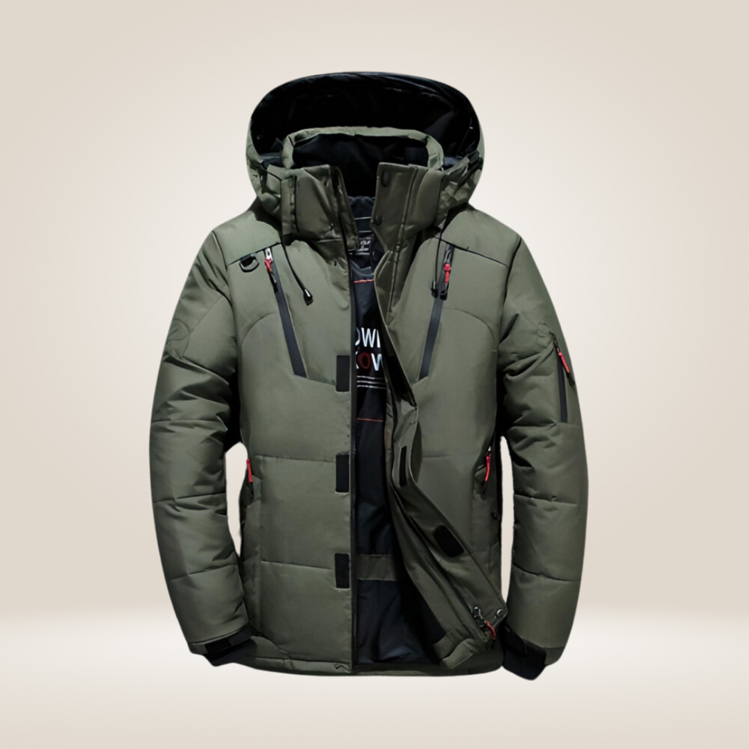 Side profile of men's casual black insulated jacket, suitable for outerwear