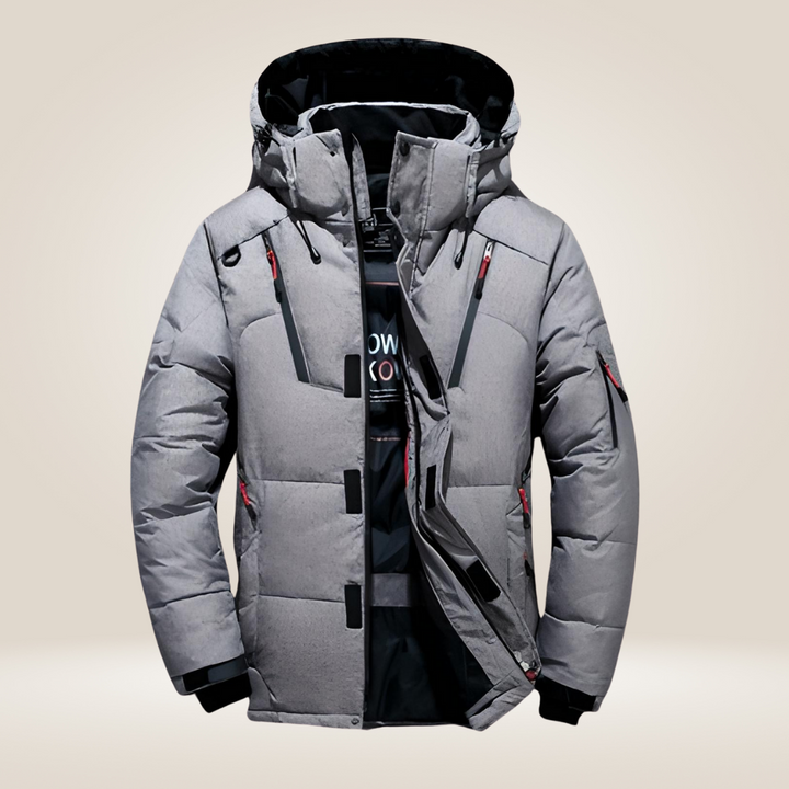 Black men's insulated winter jacket, featuring a protective high collar