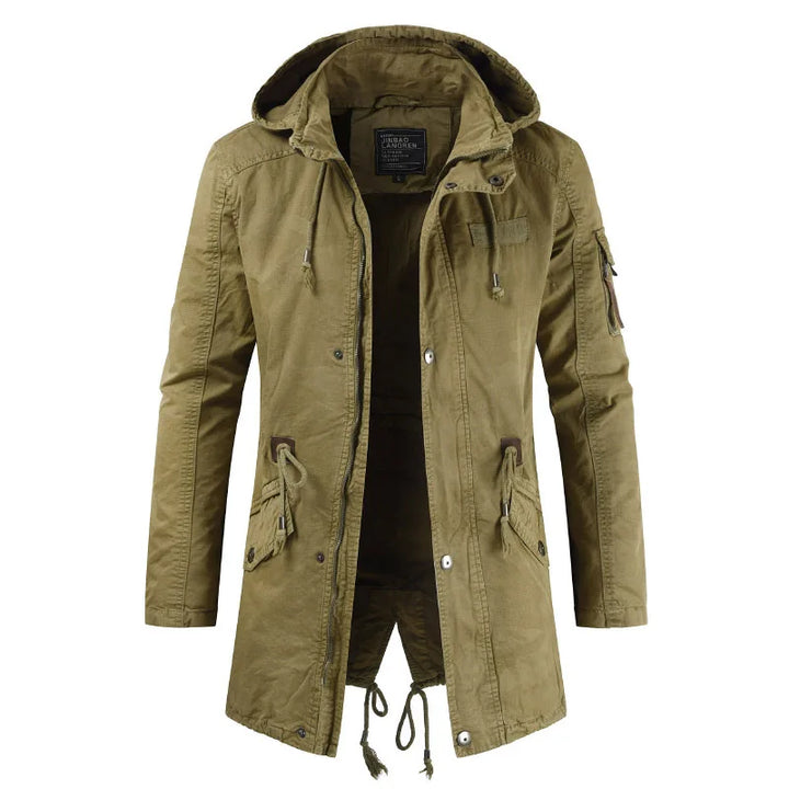 Front view of a rugged men's winter parka jacket, featuring warm padding, wind-resistant shell & hood.