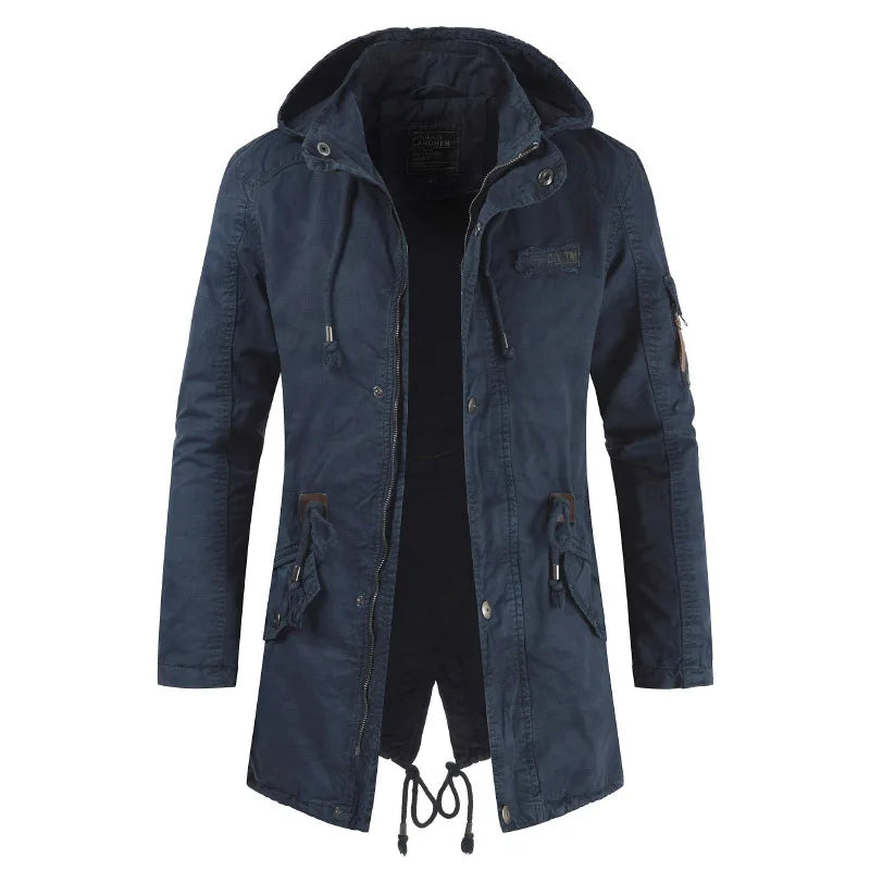 Men's outdoor tactical parka jacket, warm & padded windbreaker design for extreme winter conditions.