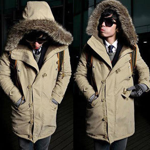 Men's warm parka jacket with a removable hood, ideal for cold weather & outdoor wear. Water-resistant.