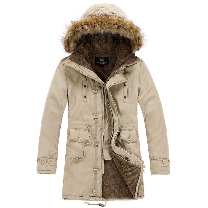 Stylish men's winter parka with adjustable fit for comfort in cold weather. Versatile hooded outerwear.