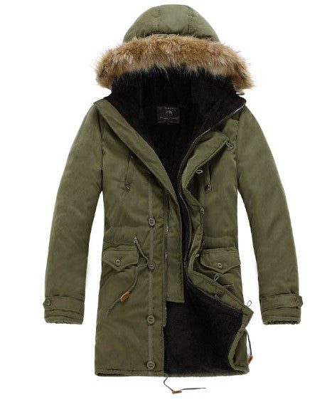 Durable men's warm coat for extreme cold, featuring a hooded design & adjustable waist for outdoor activities.