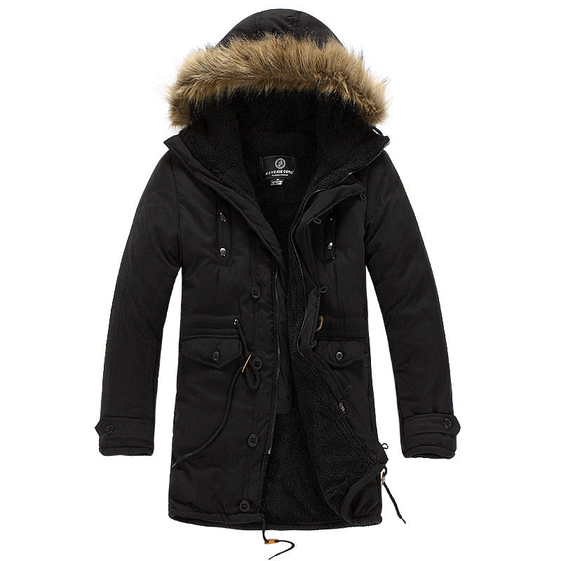 Men's cold weather parka jacket with a cozy removable hood & adjustable fit, perfect for winter outdoor wear.