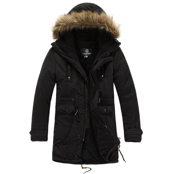 Men's cold weather parka jacket with a cozy removable hood & adjustable fit, perfect for winter outdoor wear.