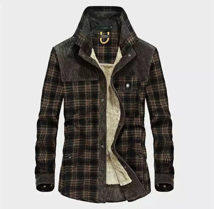 Men's warm plaid button-down jacket for winter. Cozy long-sleeve casual outerwear perfect for layering.