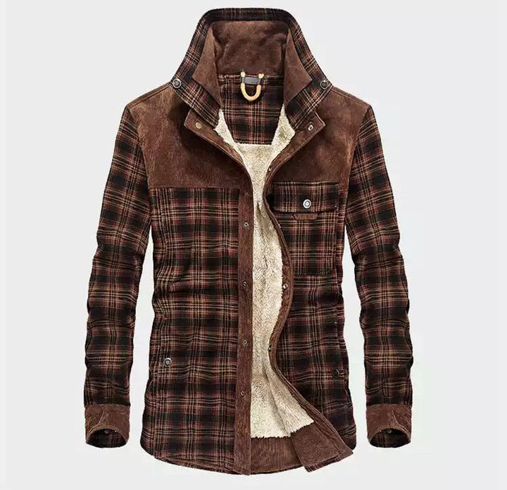 Casual men's long-sleeve plaid winter jacket. Features warm fabric, button-down front, and layered cozy style.