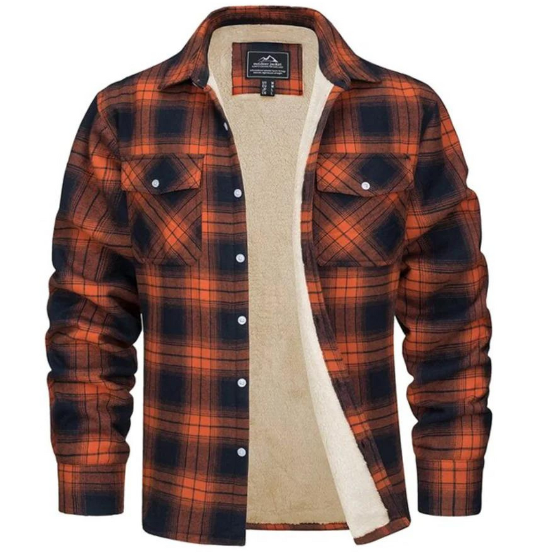 Men's warm plaid winter jacket, cozy & stylish outerwear for cold weather.