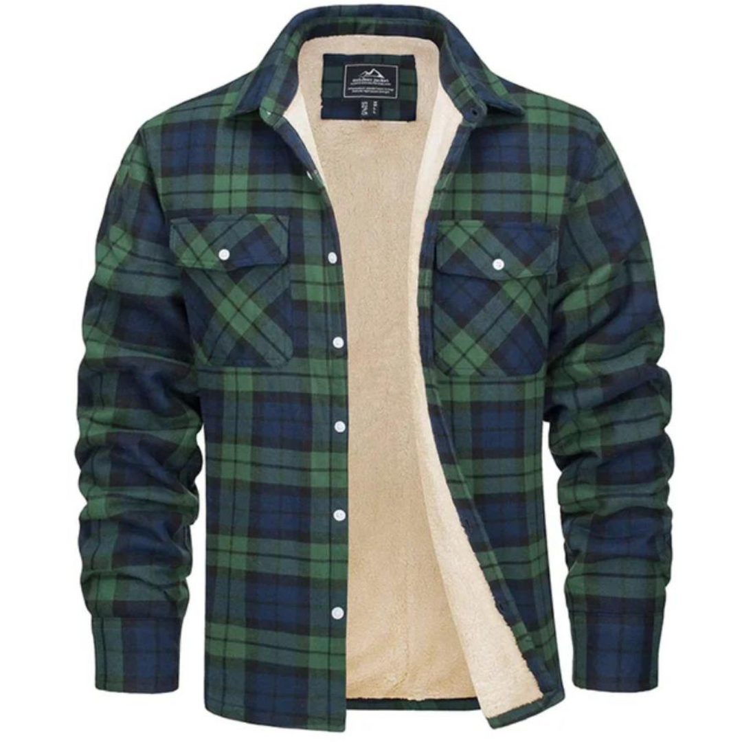 Stylish men's regular fit winter jacket with classic plaid pattern, perfect fall fashion outerwear.