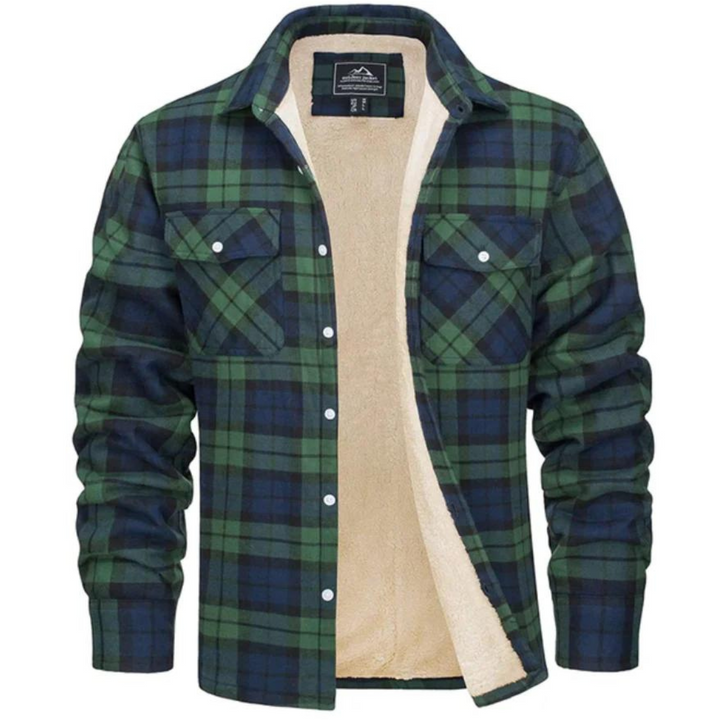 Stylish men's regular fit winter jacket with classic plaid pattern, perfect fall fashion outerwear.