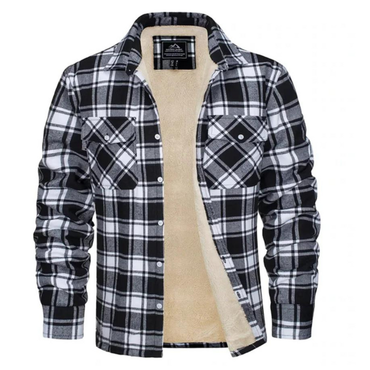 Cozy men's winter jacket with a soft, warm plaid design, great for fall and winter comfort.