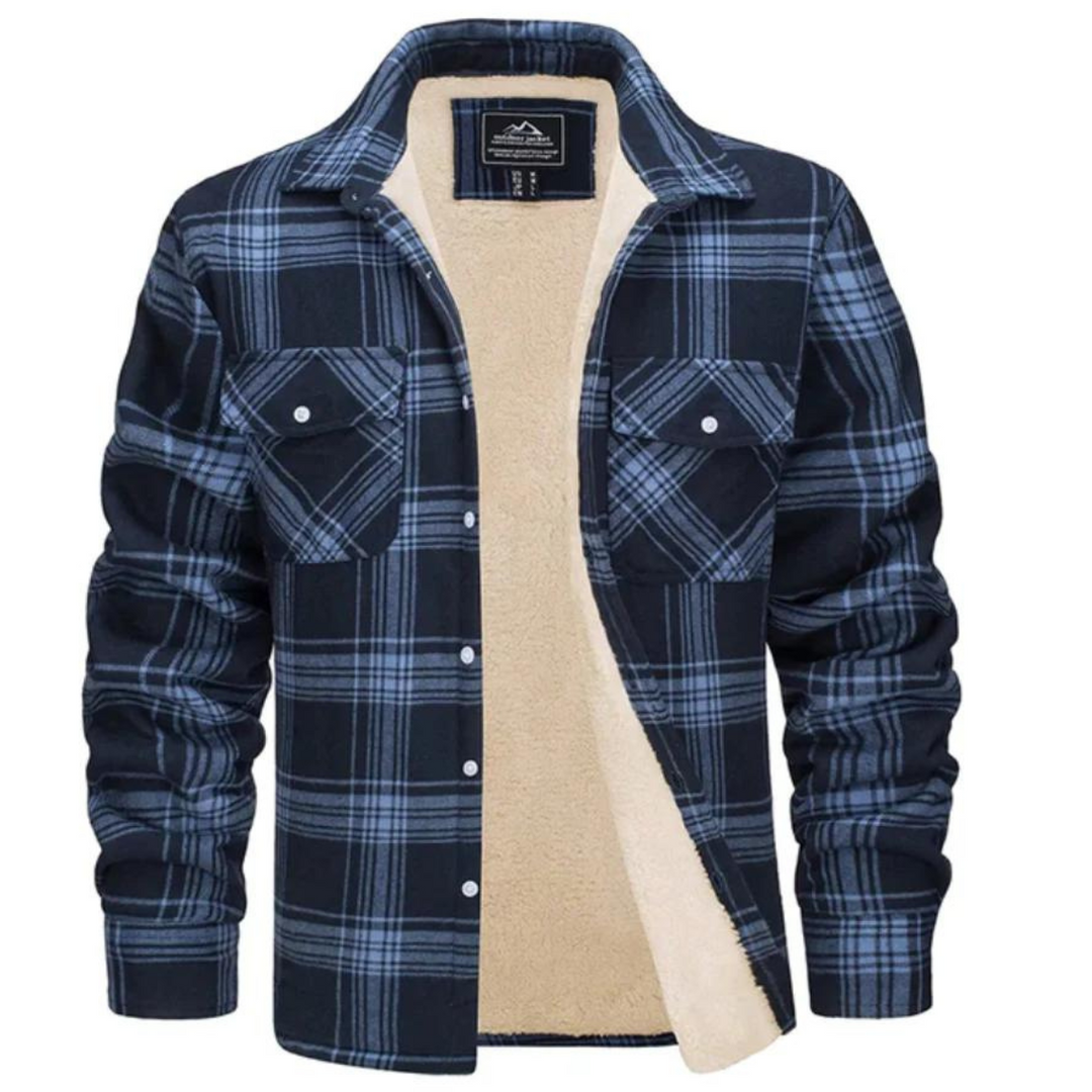 Warm men's plaid winter jacket providing excellent protection from cold, stylish and cozy outerwear.