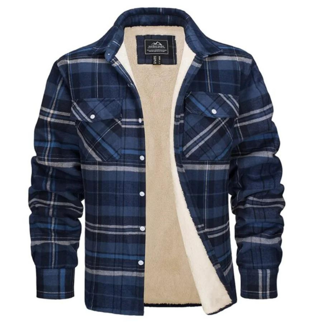 Modern men's plaid winter jacket. A cozy, stylish winter coat, perfect for urban fall fashion.