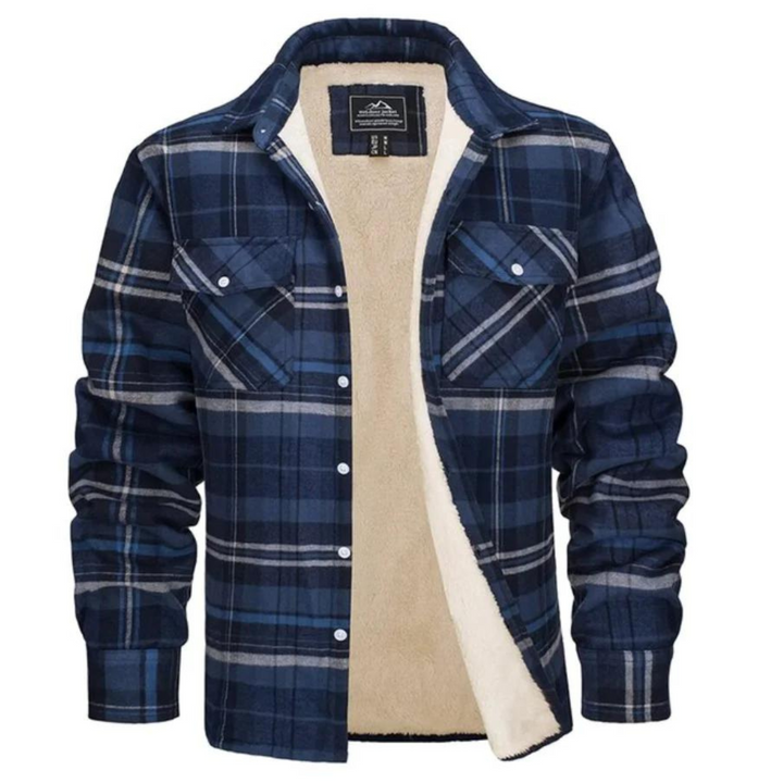 Modern men's plaid winter jacket. A cozy, stylish winter coat, perfect for urban fall fashion.