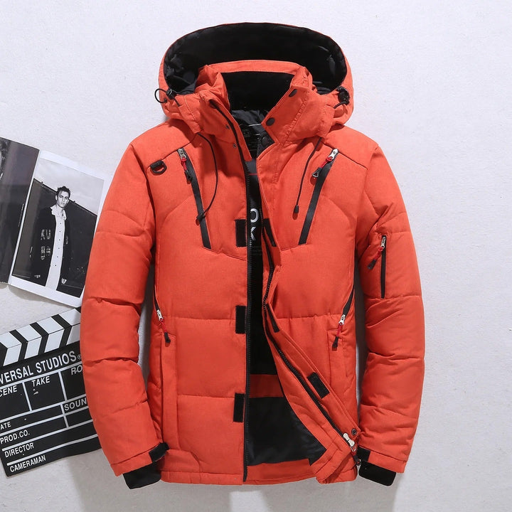 Stylish men's hooded puffer jacket. Quilted, warm winter coat with zip pockets, perfect for outdoor wear & cold.