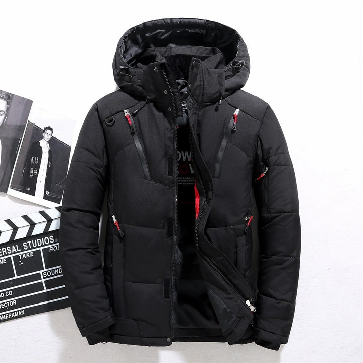 Comfortable men's warm puffer jacket with hood. Stylish winter coat, perfect for men's fashion & cold weather essentials.