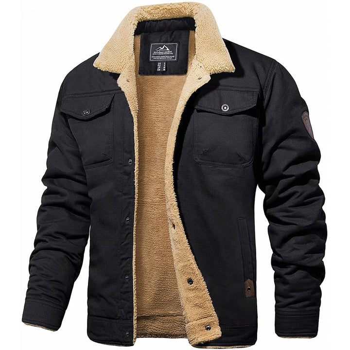Men's warm sherpa-lined winter jacket in black, front view with zipper closed, for cold weather.