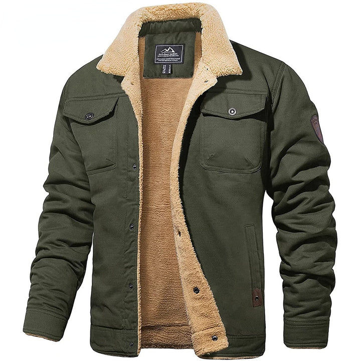 Men's fashion outerwear: sherpa-lined winter jacket with hood, providing extra warmth against the cold.