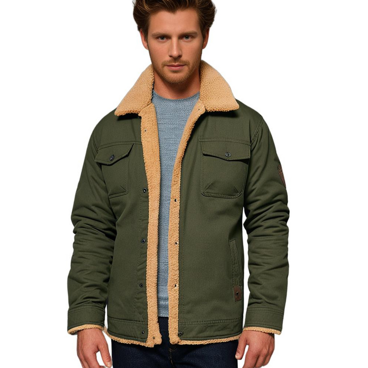 An array of men's warm sherpa-lined winter jackets in various colors, showcasing options for cold weather.