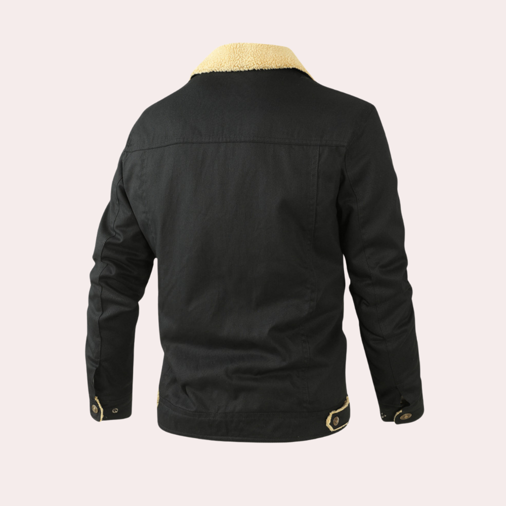 Casual men's winter coat with sherpa lining, side view, ideal warm outerwear for men's fashion.