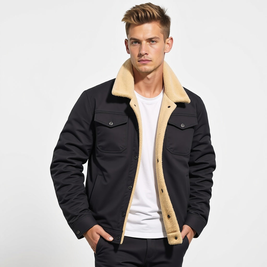 Close-up of the sherpa lining in a men's warm winter jacket, indicating comfort and thermal insulation.
