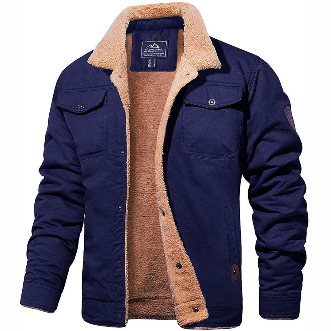 Back view of a men's sherpa-lined winter jacket, showing its complete design and warmth.