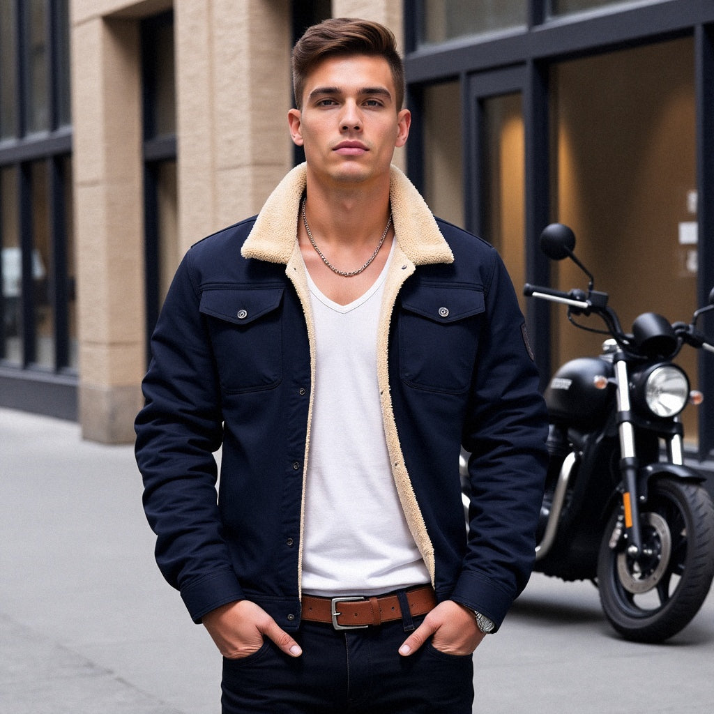 Men's black sherpa-lined jacket, open to reveal interior lining, perfect for cold weather outerwear.