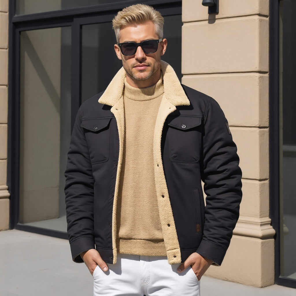 Stylish men's winter jacket with sherpa lining, worn by model in a casual outdoor setting, warm and fashionable.