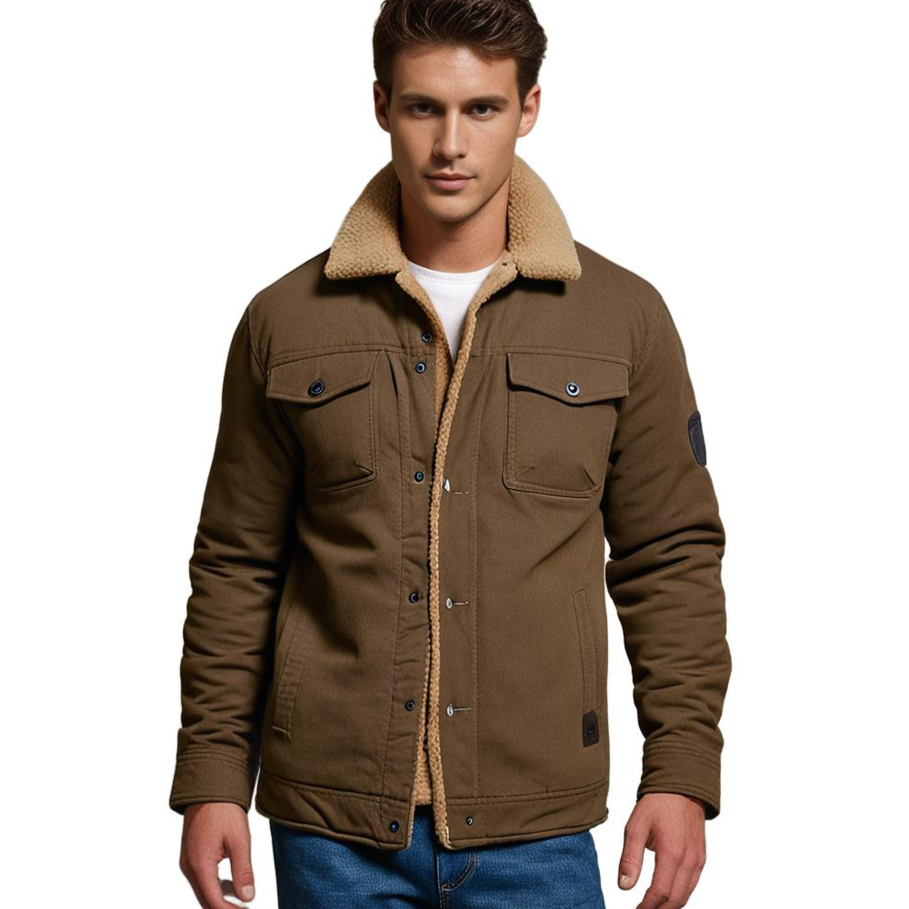 Folded men's sherpa-lined winter coat, showcasing its thickness and plush lining, ready for cold weather.