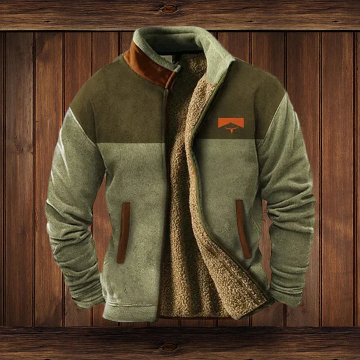 Close-up of pattern on men's warm thick winter coat, fashionable design