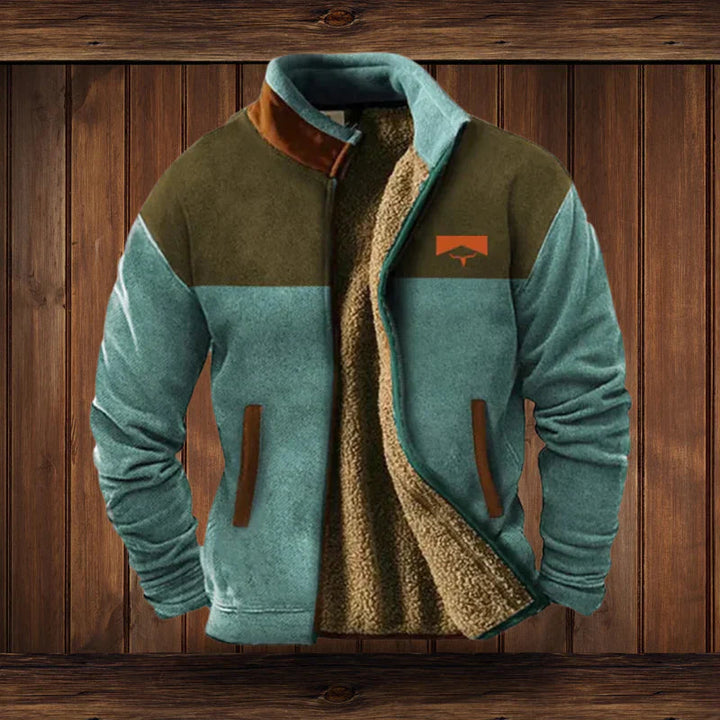 Men's patterned winter jacket in a casual setting, thick and warm