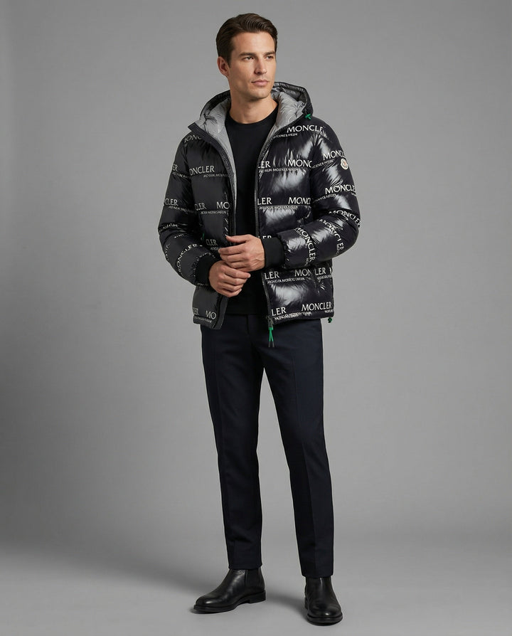 Men's warm winter jacket with hood, stylish & versatile design for cold weather.