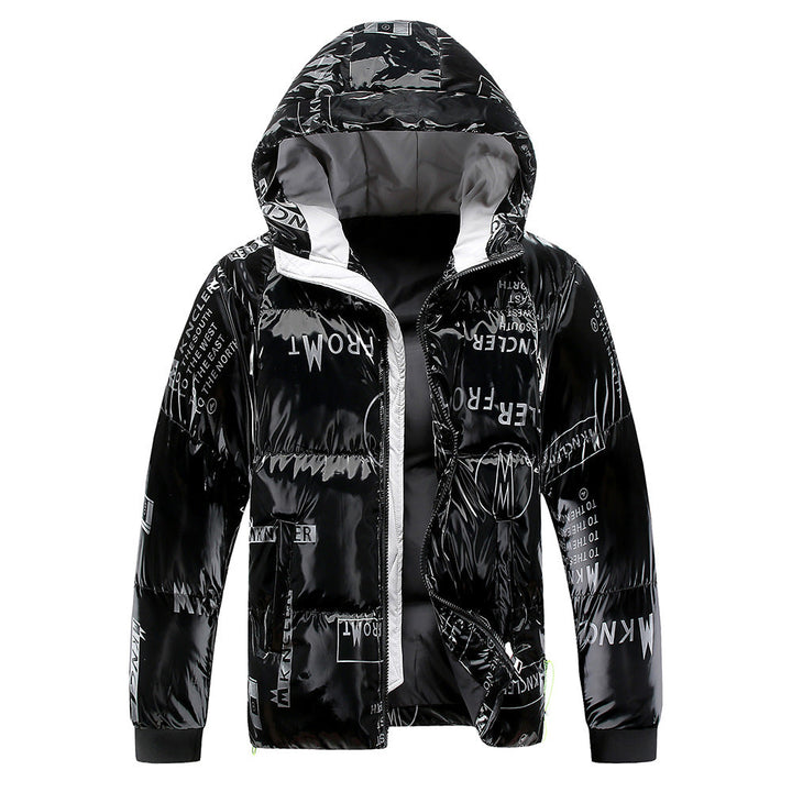 Front view of a stylish men's warm winter jacket with hood, versatile for cold weather.