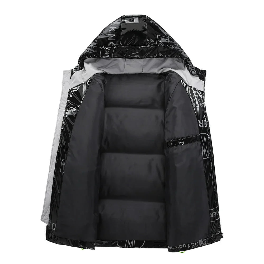 Side view of a men's durable hooded winter jacket, designed for warmth & comfort.