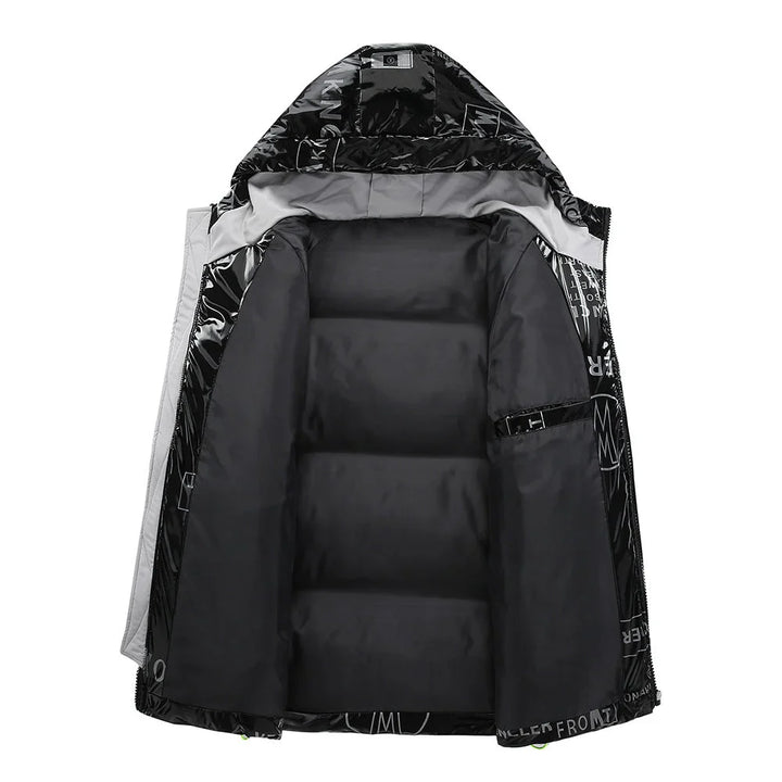 Side view of a men's durable hooded winter jacket, designed for warmth & comfort.