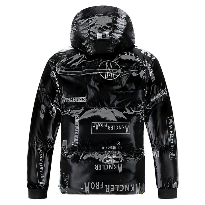 Back view of a versatile men's warm winter jacket with hood, protection from winter cold.