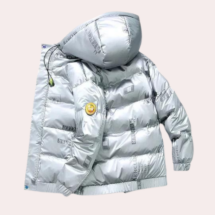 Close-up of the warm hooded detail on a men's versatile winter jacket, cold weather essential.