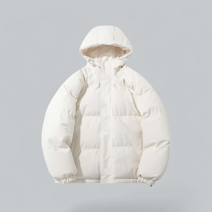 Men's cold weather outerwear: a warm, insulated parka coat with a functional adjustable hood.