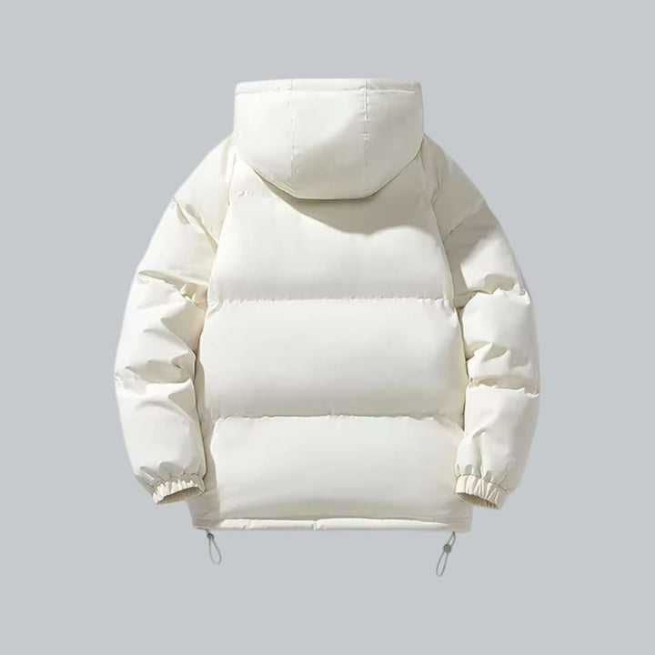 Fashionable men's winter parka, providing warmth and protection with an adjustable hood.