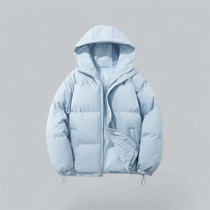 Insulated men's winter coat, a stylish and warm utility jacket with an adjustable hood.