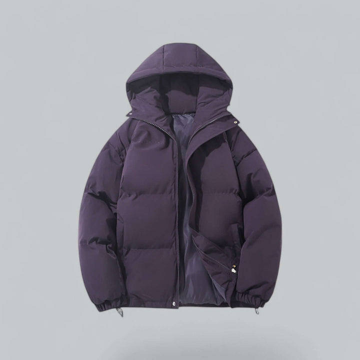 Warm men's parka coat for winter, featuring an adjustable hood for maximum cold protection.