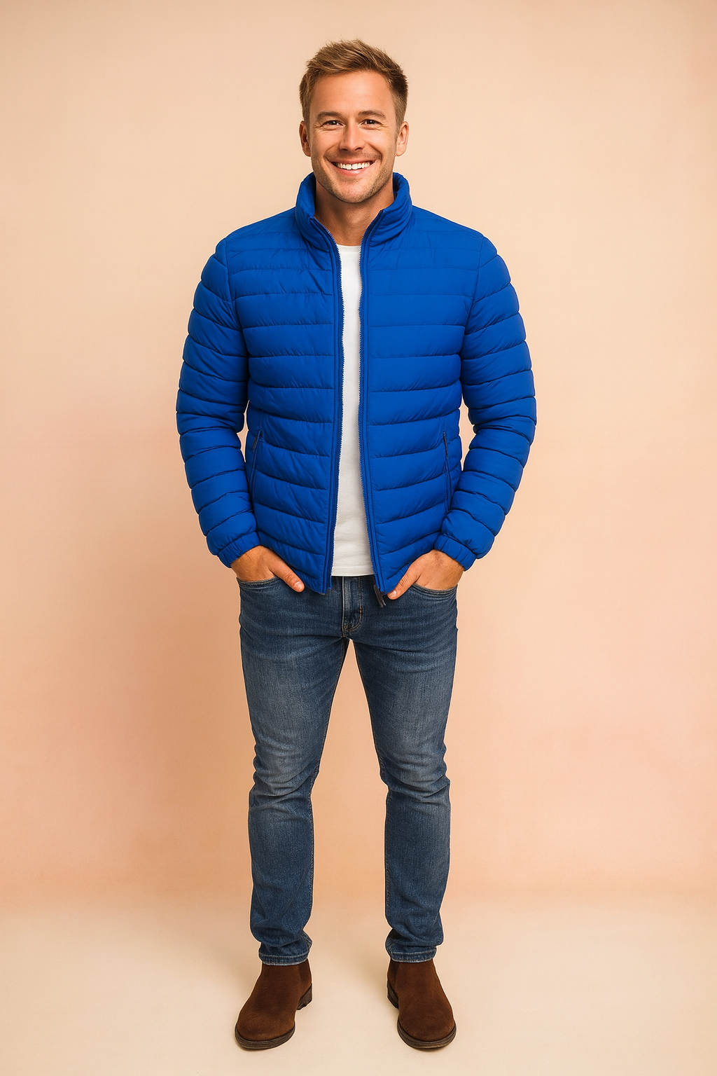 Stylish men's hooded puffer jacket, perfect for staying warm and cozy during cold winter outdoor activities.