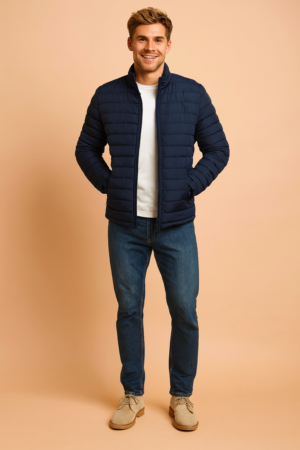 Fashionable men's winter puffer coat, offering superior warmth and comfort for cold weather everyday wear.