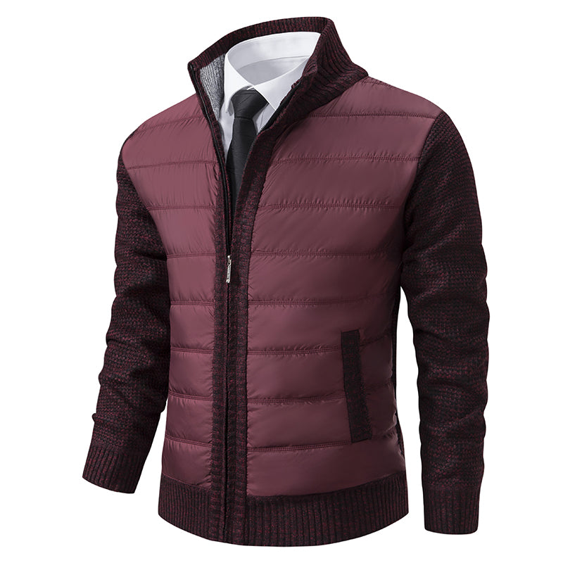 Men's warm zip-up puffer jacket with stylish knitted sleeves for winter outerwear.