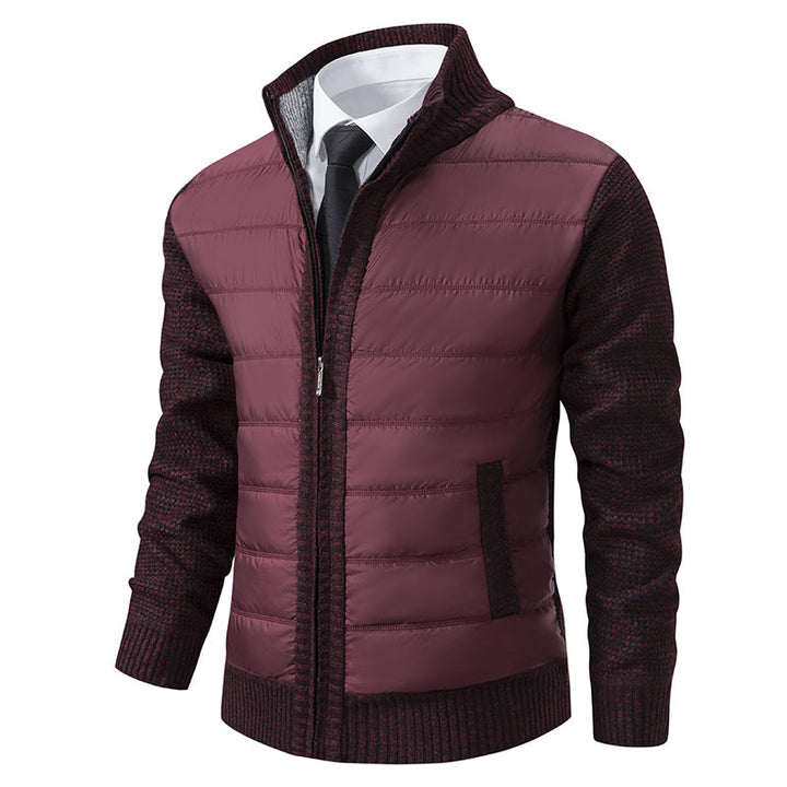 Men's warm zip-up puffer jacket with stylish knitted sleeves for winter outerwear.